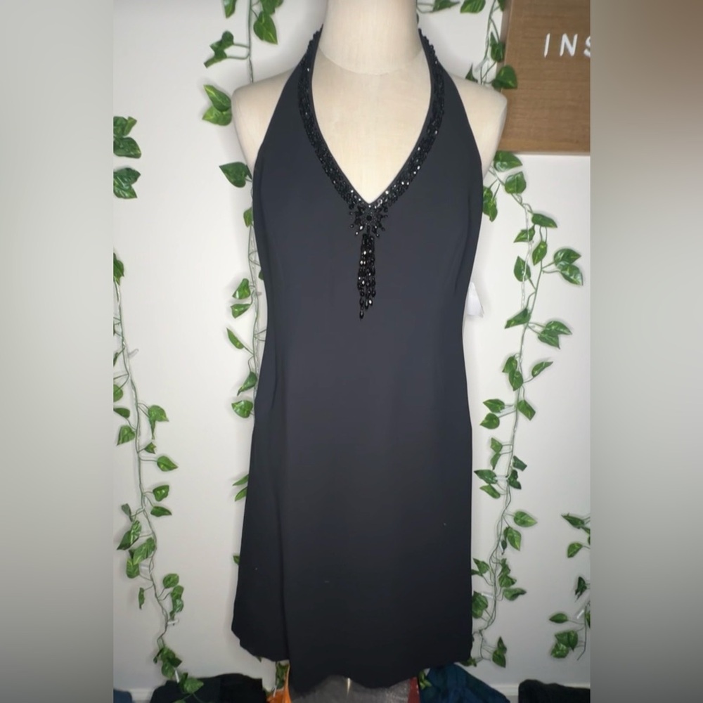 Evan Picone Paint The Town Black Sequin Lined Halter Mini/Midi Dress Petite NWT